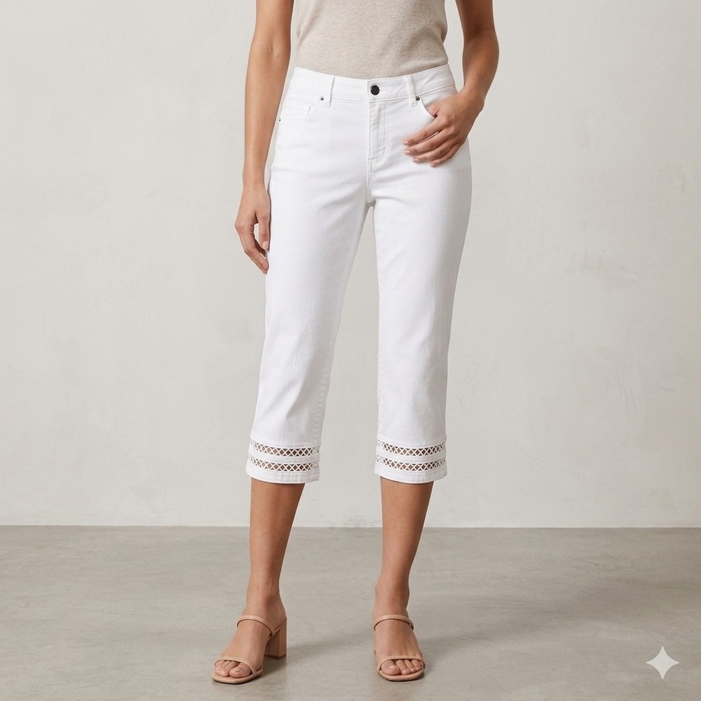 Christopher & Banks Capri Pants Womens 10 White Eyelet Hem Denim Coastal Summer